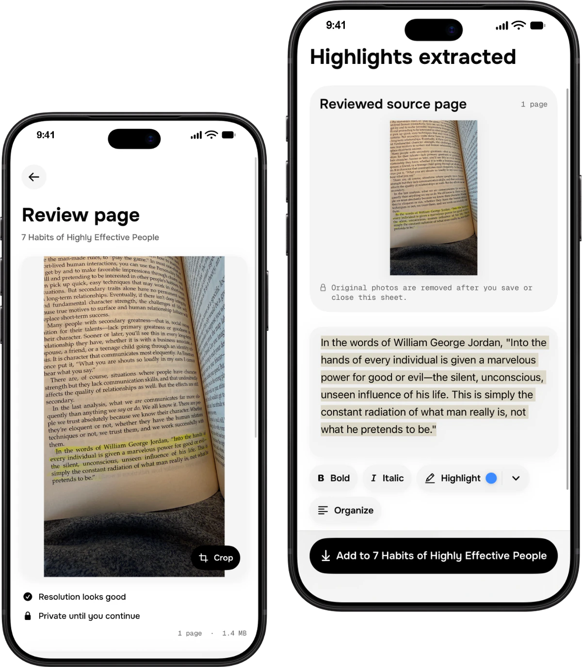Two Kept screens reviewing a photographed book page and its extracted passage