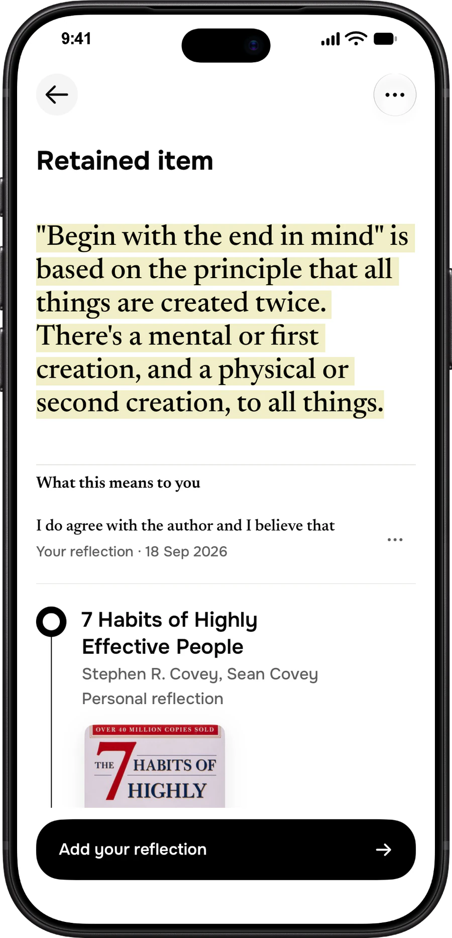 Kept retained item showing a passage, personal reflection, and book source