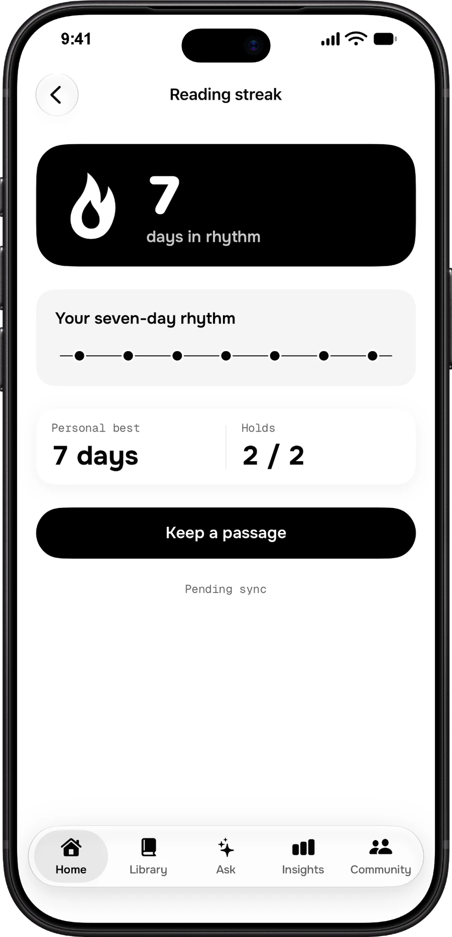 Kept reading rhythm showing a seven-day reading streak